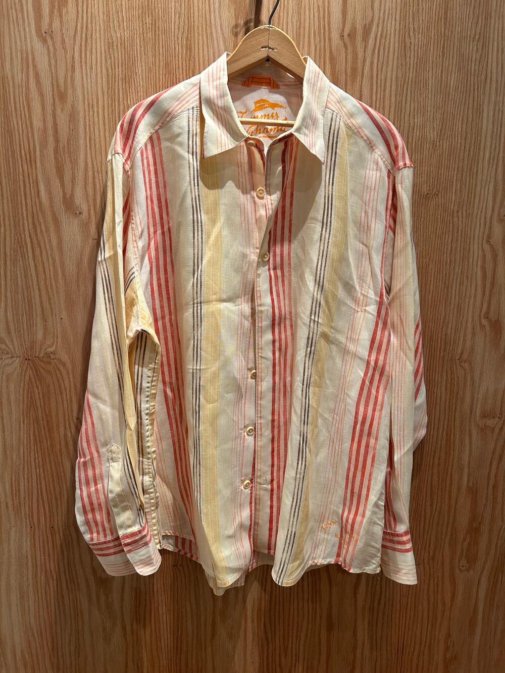 Tommy Bahama Vertical Striped Linen Shirt Red Yellow Men's XL